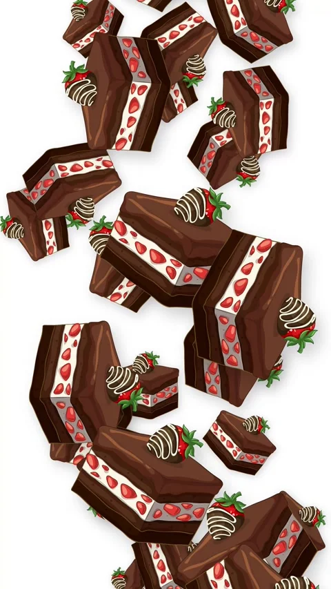 Falling Chocolate Strawberry Cake Slices Animation on White Background Stock Footage 346569695