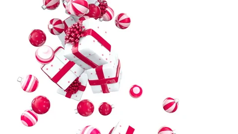 Falling Christmas balls with gift boxes on white background Stock Footage 99020921