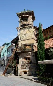 Falling clock tower of tbilisi's puppet theatre in sololaki district,georgia Stock Photos