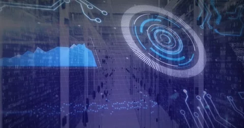 Falling code streams driving HUD appearing waveform rising traces linking for Stock Footage 328587203