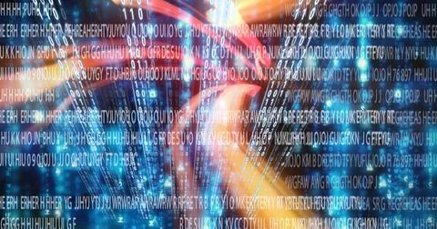 Falling codes light trails, over computer code, program coding and technology Stock Photos