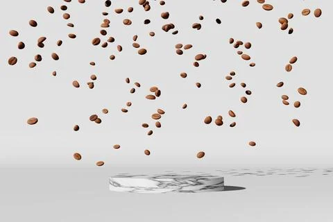 Falling coffee beans on empty marble podium white background harsh shadow 3D  Stock Illustration