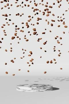Falling coffee beans on empty marble podium white background harsh shadow 3D  Stock Illustration