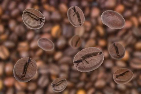Falling coffee beans. Flying defocused coffee beans. Used for cafe advertisin Stock Photos