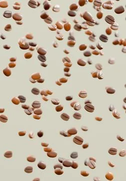 Falling coffee beans isolated on vertical background. Flying defocusing cof.. Stock Illustration