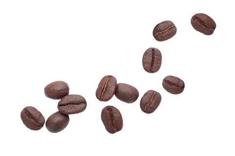 Falling coffee beans isolated on white background with clipping path. Stock Photos
