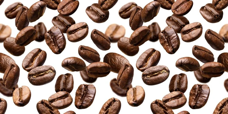 Falling coffee beans isolated on white background, seamless pattern Stock Photos