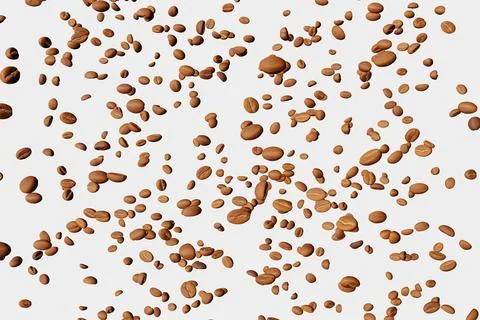Falling coffee beans pattern white background isolated shadows 3D rendering.  Stock Illustration