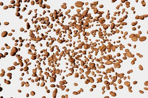 Falling coffee beans pattern white background isolated shadows 3D rendering.  Stock Illustration