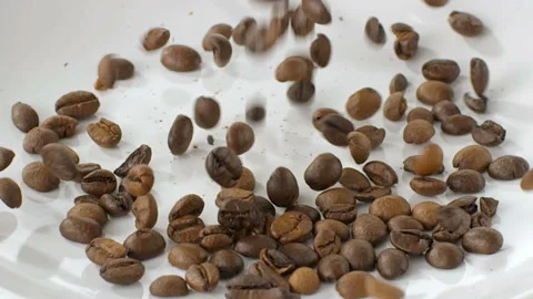 Falling Coffee Beans on a Plate Video stock 327408117