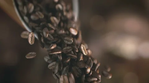 Falling coffee beans in super slow motion in 4K Stock Footage 99985520
