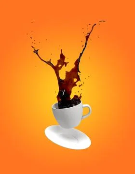 Falling coffee cup on orange background 3d illustration Stock Photos