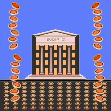 Falling coins and front view of a bank building Stock Illustration