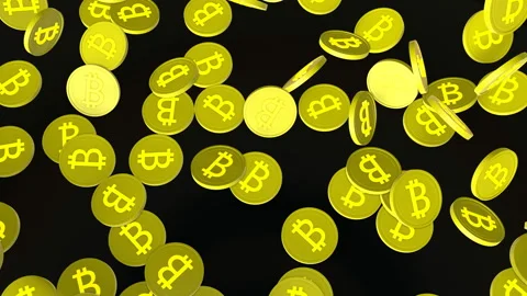 Falling coins with bitcoin symbol on black background. 3d render Stock Footage 150822017