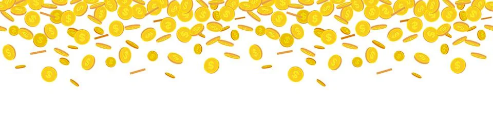 Falling coins repeat seamless border. Gold coin of dollar. Flat, isolated Stock Illustration