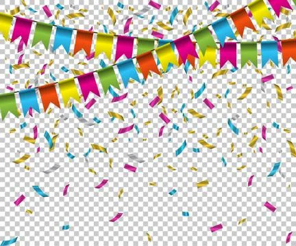 Falling color confetti with flags on transparent background. Vector holiday Stock Illustration