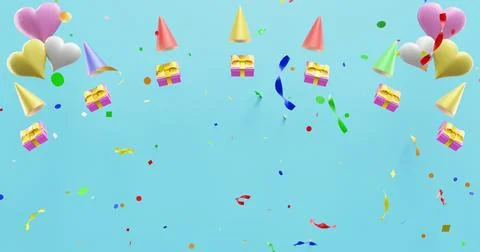 Falling colorful confetti gift boxes heart caps on a blue background. Illustrazione stock