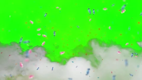 Falling Colorful Confetti Particles Over White Smoke Clouds Against A Bright Video stock 338436792