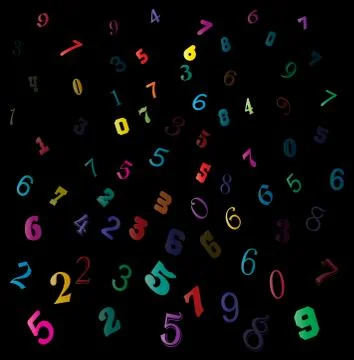 Falling colorful figures, numbers backdrop on black background Stock Illustration