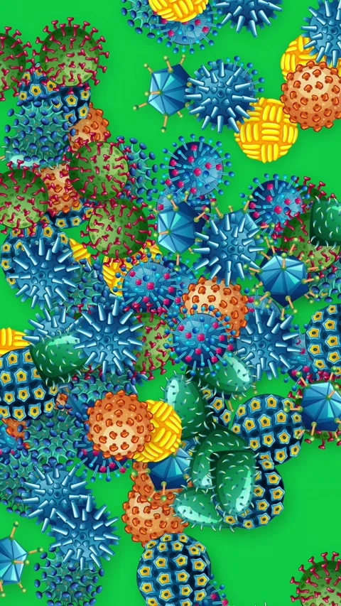 Falling Colorful Microscopic Virus and Bacteria Particles on Green Background Stock Footage 340323724