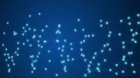 Falling colorful question marks and rotating exclamation mark on blue background Stock Footage 169210971