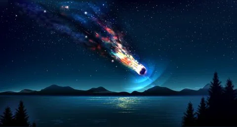 Falling comet in the night blue sky Stock Illustration