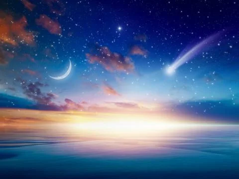 Falling comet, rising crescent moon and stars Stock-Fotos