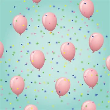 Falling confetti over multiple pink balloons over green background Stock Illustration