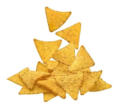 Falling corn chips, hot mexican nachos isolated on white background Spicy ... Foto stock