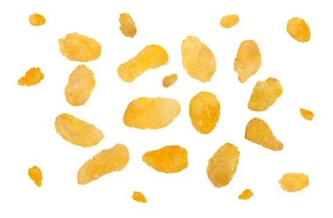Falling corn flakes isolated on white background.  Stock Photos