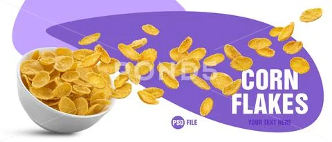 Falling cornflakes on white background PSD Template