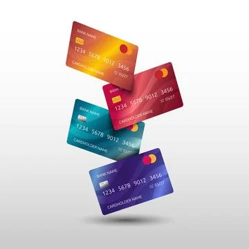 Falling credit cards. 3D fly money. Bank cashless payment. Debit finance elem Stock Illustration