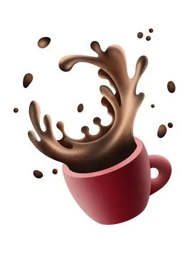 Falling cup of coffee with splashes and drops of coffee in 3d style Stock Illustration