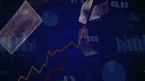 Falling currency notes entering from top starting line graphs rising and Video stock 329454275