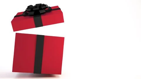 Falling dark red gift box with black ribbon and bow isolated on white background Stock Illustration