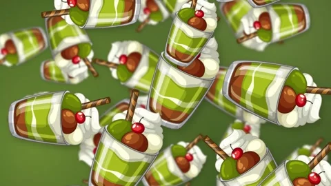 Falling Dessert Cups with Green Layers and Cherries Animation Stock Footage 345317140