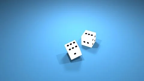 Falling dice. Two white cubes. White dice. Vlue table. 3D render. Foto stock