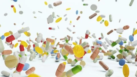 Falling different colored tablets, capsules on white background. Health care Stock Illustration