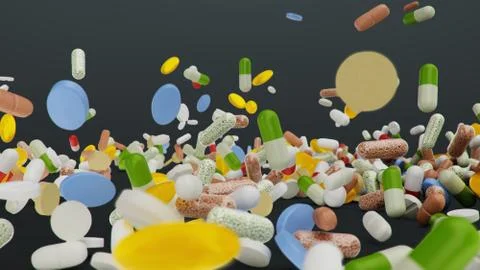 Falling different colored tablets, capsules on black background. Health care Stock Illustration