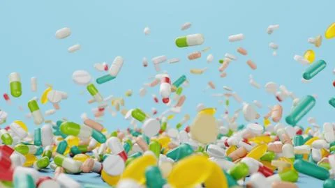 Falling different colored tablets, capsules on blue background. Health care Stock Illustration