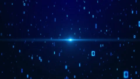 Falling digital code matrix visual blue glowing digits, central light burst, and Stock Footage 340571279