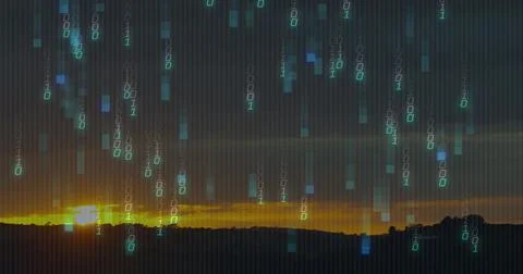 Falling digital rain veiling dusk sky over dark ridge, showing sun left, binary Stock-Fotos