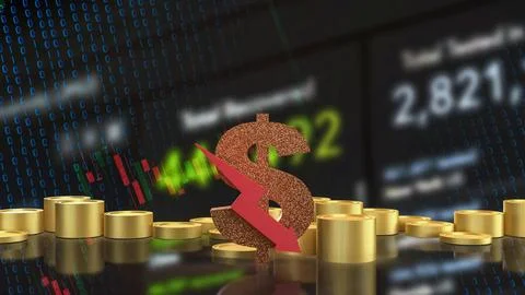 Falling Dollar Value in Digital Financial Market 3d render. Illustrazione stock