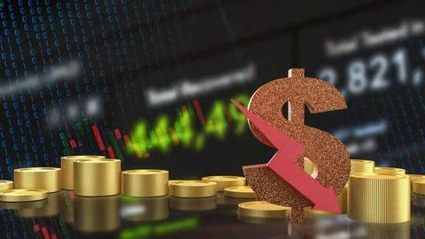 Falling Dollar Value in Digital Financial Market 3d render. Illustrazione stock