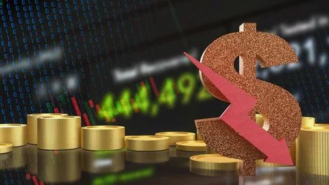 Falling Dollar Value in Digital Financial Market 3d render. 库存插图