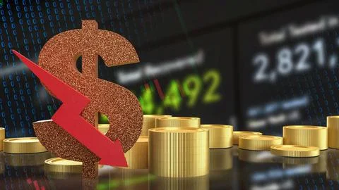 Falling Dollar Value in Digital Financial Market 3d render. 库存插图
