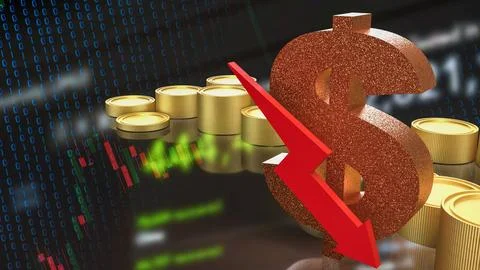 Falling Dollar Value in Digital Financial Market 3d render. 스톡 일러스트