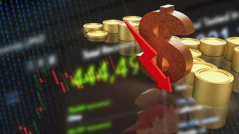 Falling Dollar Value in Digital Financial Market 3d render. Stock-Illustration