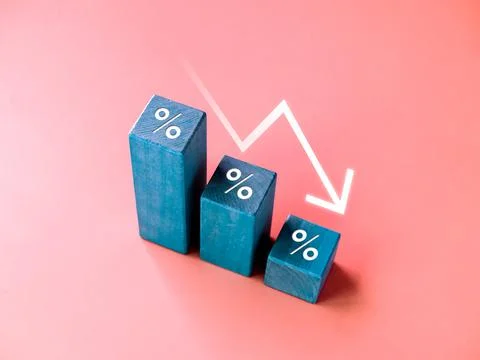 Falling down arrow with percentage icon on blue wood blocks, 3d bar graph cha Stock Photos