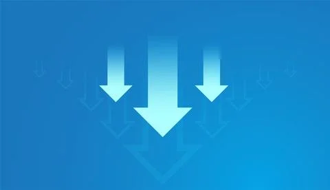 Falling down arrows for down trend on light blue background showing the bus.. Stock Illustration